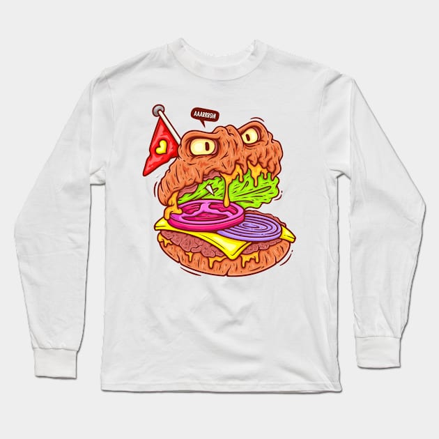 Burger Face Horror Long Sleeve T-Shirt by Mako Design 